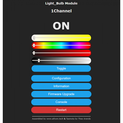 chytrá (clever či smart) LED žárovka RGB s paticí E27, příkon 15W, WiFi, software TASMOTA, chip ESP8285, 600 lm - ovládání